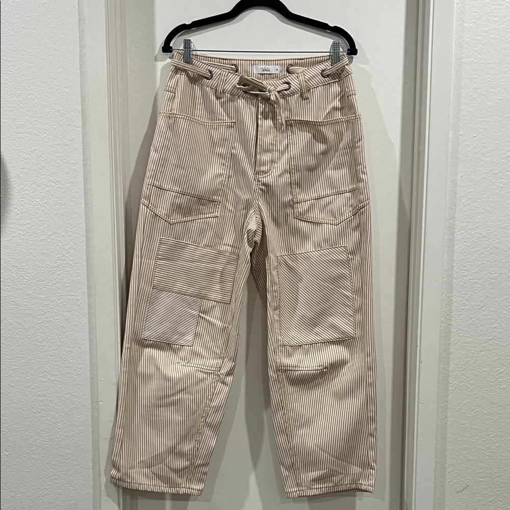 TALULAH Cream and Tan Striped Tie-Waist Wide Leg Pants